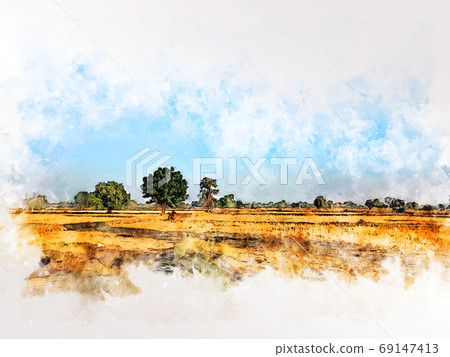 Abstract colorful tree and field landscape on watercolor illustration painting background. Abstract colorful tree and field landscape on watercolor illustration painting background. 69147413