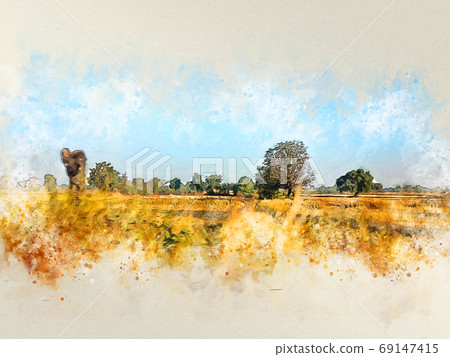 Abstract colorful tree and field landscape on watercolor illustration painting background. Abstract colorful tree and field landscape on watercolor illustration painting background. 69147415