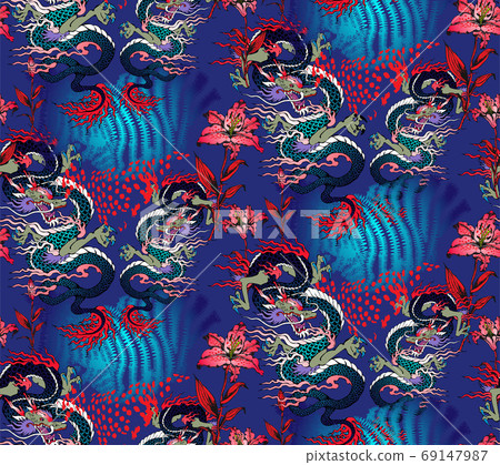 Pattern of asian dragon and flowers. Vector illustration. Suitable for fabric, mural, wrapping paper and the like Pattern of asian dragon and flowers. Vector illustration. Suitable for fabric, mural, wrapping paper and the like 69147987
