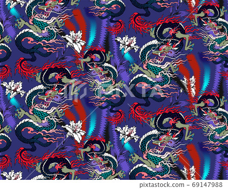 Pattern of asian dragon and flowers. Vector illustration. Suitable for fabric, mural, wrapping paper and the like Pattern of asian dragon and flowers. Vector illustration. Suitable for fabric, mural, wrapping paper and the like 69147988