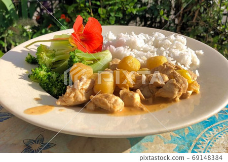 massaman curry plate with rice potatoes chicken and a flower on a table in the garden 69148384