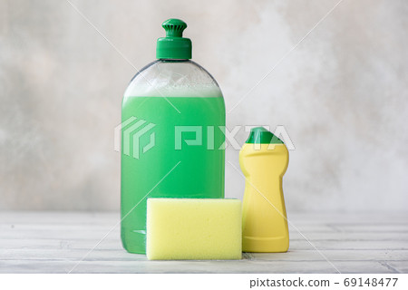 kitchen dishwashing detergent, cleaning powder and sponge 69148477