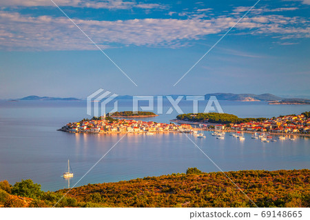 Panoramic view of Adriatic coast with The Primosten town. 69148665