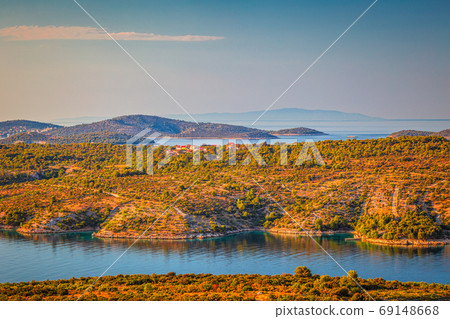 Sea landscape of Adriatic coast near The Primosten town. Sea landscape of Adriatic coast near The Primosten town. 69148668