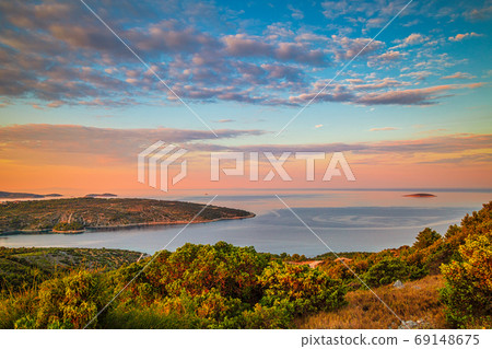 Panoramic view of Adriatic coast near The Primosten town. Panoramic view of Adriatic coast near The Primosten town. 69148675