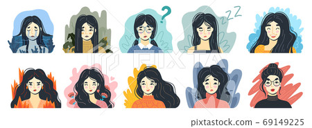 Mood concept. Women demonstrates negative and positive emotions.  69149225