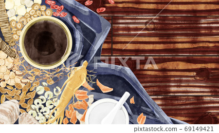 安排在桌上的中草藥插圖 69149421