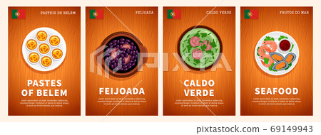 Portuguese cuisine, traditional food, national dishes on a wooden table. Seafood, Feijoada, Caldo Verde, Pastes of Belem. Portuguese cuisine, traditional food, national dishes on a wooden table. Seafood, Feijoada, Caldo Verde, Pastes of Belem. 69149943