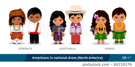 Dominica, Guatemala, Hawaii. Men and women in national dress. Set of people wearing ethnic clothing. 69150376
