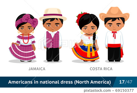 Jamaica, Costa Rica. Men and women in national dress. Set of people wearing ethnic clothing. 69150377