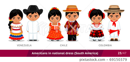 Venezuela, Chile, Colombia. Men and women in national dress. Set of latin americans wearing ethnic clothing. 69150379