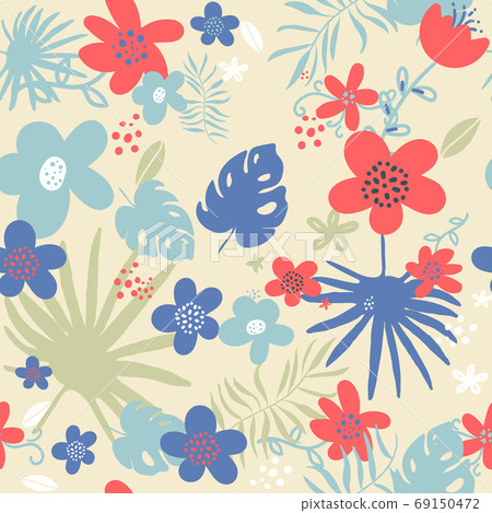 seamless pattern with doodle Exotic tropical jungle rainforest frame. green palm leaves tree with parrot monstera leaves flowers. Isolated element. Vector design illustration. hand drawing 69150472