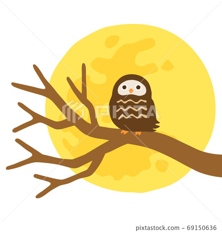 Illustration of a full moon and an owl perching on a dead tree 69150636