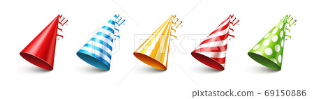 Party shiny hat with ribbon on white background. Holiday decoration. Birthday celebration. Vector Party shiny hat with ribbon on white background. Holiday decoration. Birthday celebration. Vector 69150886