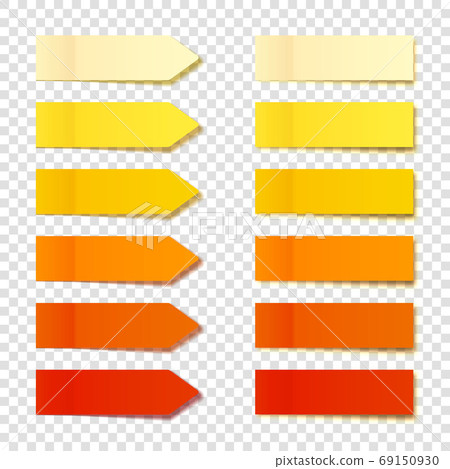 Realistic orange sticky notes collection. Arrow flag tabs. Post note stickers. Colorful sticky paper 69150930