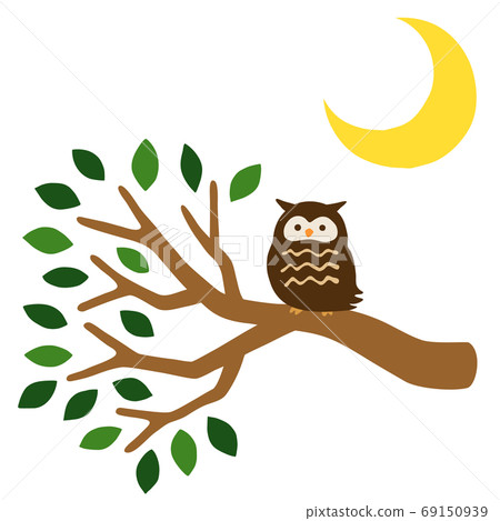 Illustration set of owl and crescent moon perching on tree 69150939