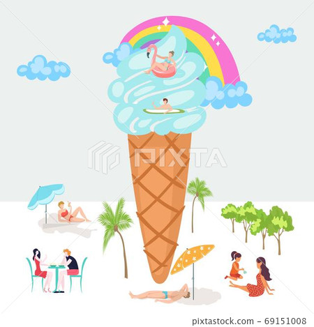 Vacationers folk, sea beach, tiny people over blue abstract ice cream, fun time, design, cartoon style vector illustration. Vacationers folk, sea beach, tiny people over blue abstract ice cream, fun time, design, cartoon style vector illustration. 69151008
