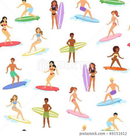 Seamless pattern surfing, sport board, vacation sea, extreme background, wave outdoors, design, cartoon style vector illustration. Seamless pattern surfing, sport board, vacation sea, extreme background, wave outdoors, design, cartoon style vector illustration. 69151012