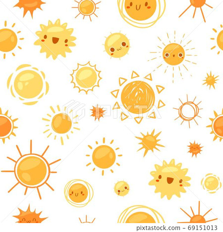 Sun seamless pattern vector illustration, cartoon flat cute happy funny sun characters with smiling faces shining, decorative yellow design Sun seamless pattern vector illustration, cartoon flat cute happy funny sun characters with smiling faces shining, decorative yellow design 69151013