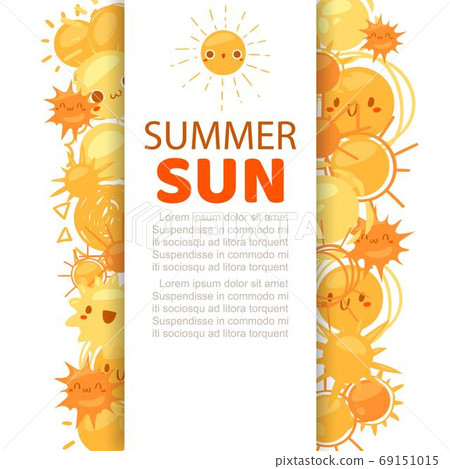 Summer sun background, bright sunlight, yellow beam, warm season, design cartoon style vector illustration, isolated on white. Summer sun background, bright sunlight, yellow beam, warm season, design cartoon style vector illustration, isolated on white. 69151015