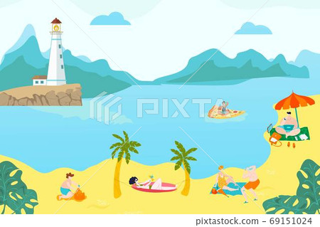 Summer rest peoples on beach, young girls lying in sand, warm sea, seascape, lifestyle, design cartoon style vector illustration. Summer rest peoples on beach, young girls lying in sand, warm sea, seascape, lifestyle, design cartoon style vector illustration. 69151024