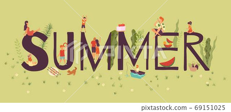 Useful rest, composition summer capital letters and tiny people, outdoor recreation in nature, design cartoon vector illustration. Useful rest, composition summer capital letters and tiny people, outdoor recreation in nature, design cartoon vector illustration. 69151025