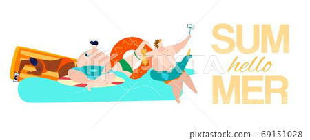 Summer rest, hello summer inscription on banner, happy holidays, design cartoon style vector illustration, isolated on white. Summer rest, hello summer inscription on banner, happy holidays, design cartoon style vector illustration, isolated on white. 69151028