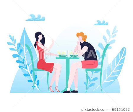 Summer rest, couple love composition, happy man, romantic setting, dinner for two, design cartoon style vector illustration Summer rest, couple love composition, happy man, romantic setting, dinner for two, design cartoon style vector illustration 69151052