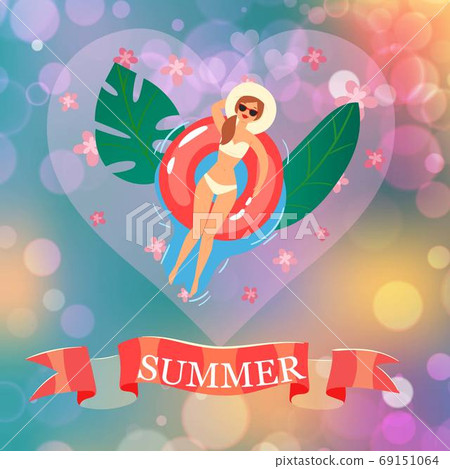 Summer inscription on ribbon, background information, women's beach, sunny day, design cartoon style vector illustration. Summer inscription on ribbon, background information, women's beach, sunny day, design cartoon style vector illustration. 69151064
