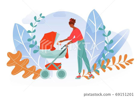 Mother city walks baby, woman stroller together, motherhood lifestyle, happy mom, design, cartoon style vector illustration. 69151201