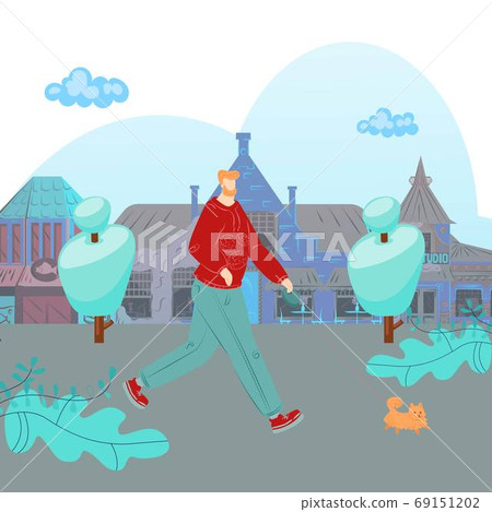 Man walk dog, city people, pet leash, owned pet, puppy play park, colorful background, design, cartoon style vector illustration. 69151202