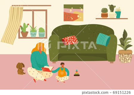 Mom and baby home composition, woman reads book to child, cozy room, happy family, design cartoon style vector illustration. 69151226