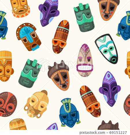 Tribal mask ethnic seamless pattern vector illustration, cartoon flat African warriors wooden face masks or ceremonial afro ancient totem 69151227