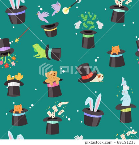 Magic seamless pattern vector illustration, cartoon flat illusionist show circus trick with bunny, cat or puppy, flying playing cards in hat 69151233