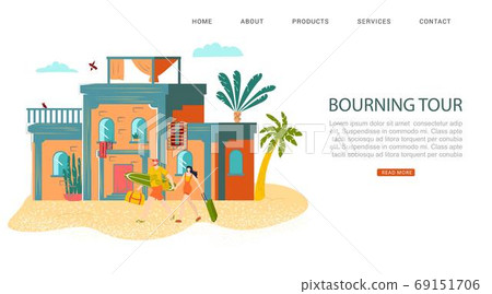 Summer rest, bourning tour inscription on website banner, hot vacation, tropical tourism, design cartoon style vector illustration Summer rest, bourning tour inscription on website banner, hot vacation, tropical tourism, design cartoon style vector illustration 69151706