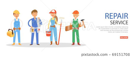 Repair service, banner inscription, worker man, work equipment, mobile help, cartoon style vector illustration, isolated on white. 69151708
