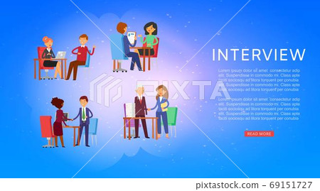Interview, background information on banner, work with people, professional manager, design cartoon style vector illustration. 69151727