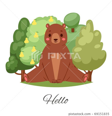 Bear Hello lettering vector illustration, cartoon flat cute brown teddy bear character greeting, sitting among green summer trees Bear Hello lettering vector illustration, cartoon flat cute brown teddy bear character greeting, sitting among green summer trees 69151835