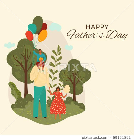 Happy father day greeting card vector illustration, cartoon dad and children characters with balloon and cotton candy having fun together Happy father day greeting card vector illustration, cartoon dad and children characters with balloon and cotton candy having fun together 69151891