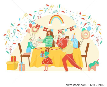 Happy Birthday vector illustration. Cartoon flat family and friend characters greeting cute girl with gifts and holiday cake Happy Birthday vector illustration. Cartoon flat family and friend characters greeting cute girl with gifts and holiday cake 69151902
