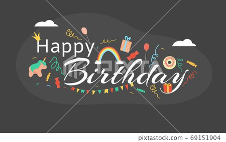 Happy birthday, black card inscription, important date, anniversary celebration, design cartoon style vector illustration. Happy birthday, black card inscription, important date, anniversary celebration, design cartoon style vector illustration. 69151904