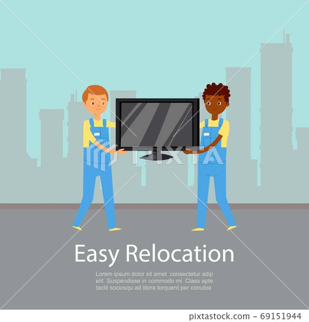 easy relocation, poster lettering, company backround information, moving service, design cartoon style vector illustration. 69151944
