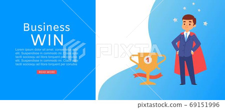 Business win inscription banner, prize icon, gold award, successful man, design cartoon style vector illustration. Business win inscription banner, prize icon, gold award, successful man, design cartoon style vector illustration. 69151996