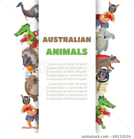 inscription Australian animals, collection pictures, variety mammal, design cartoon style vector illustration, isolated on white. inscription Australian animals, collection pictures, variety mammal, design cartoon style vector illustration, isolated on white. 69152016