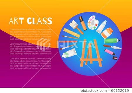 Lettering art class, background information, school drawing with paints and pencil, design cartoon style vector illustration. Lettering art class, background information, school drawing with paints and pencil, design cartoon style vector illustration. 69152019