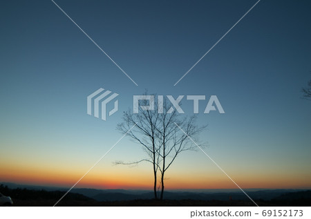 冬季日落之後,山峰上的樹的輪廓很美。 冬季日落之後,山峰上的樹的輪廓很美。 69152173