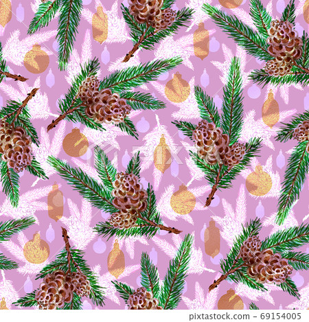 Watercolor seamless pattern, fir-tree branch with cones and gold christmas balls Watercolor seamless pattern, fir-tree branch with cones and gold christmas balls 69154005