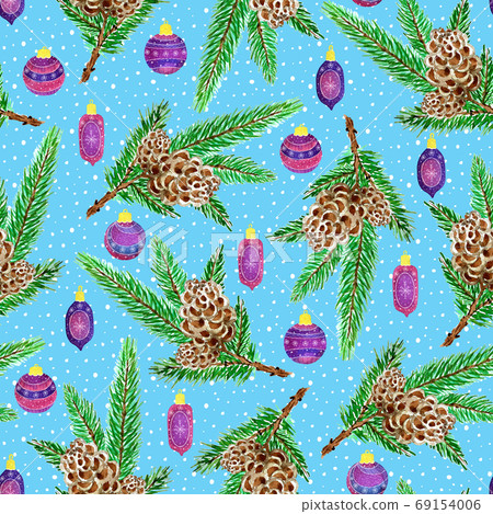 Watercolor seamless pattern, fir-tree branch with cones and christmas balls Watercolor seamless pattern, fir-tree branch with cones and christmas balls 69154006