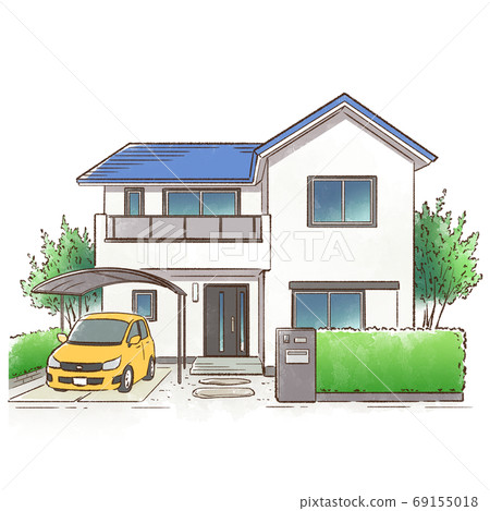 A house surrounded by greenery_blue roof 69155018