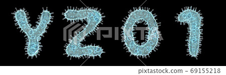 Set of letters made of virus isolated on black background. Capital letter Y, Z and number 0, 1. 3d rendering. Covid font 69155218